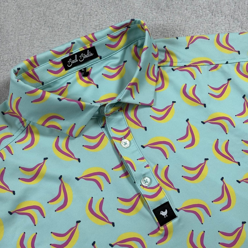 Bad Birdie Mens Banana Print Golf Polo Shirt Aqua Blue Yellow Short Sleeve XL